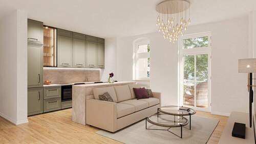 Wohnzimmer-nach-Sanierung - Stilvoll Wohnen, 2. OG mit Aufzug, frisch vom Bauträger: offener Wohnbereich & Balkon zum entspannen