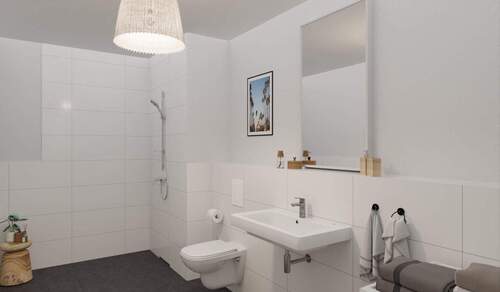 Modern gefliestes Badezimmer mit bodengleicher Dusche - Etagenwohnung mit 46,90 m² in Aachen zum Kaufen