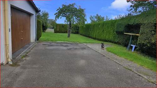 Sicht auf Garage und Nachbargarten - 