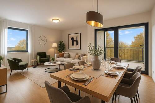 Wohnzimmer l digital möbliert - Hofheim-Marxheim: Bezugsfertige 4-Zimmer-Wohnung mit Westbalkon und Tiefgaragenstellplatz