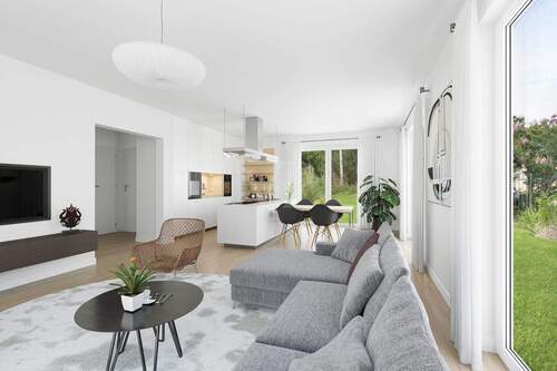 Blick Küche & Essbereich visualisiert - 5 Zimmer Einfamilienhaus in Berlin