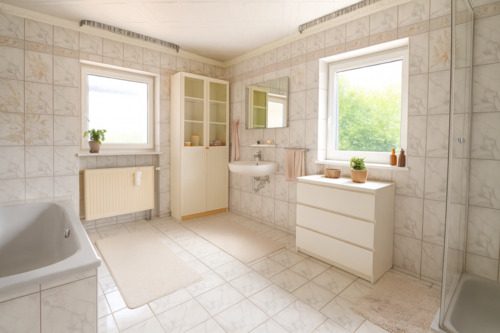 Helles Badezimmer mit eleganten Verzierungen - 