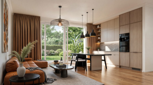 Visualisierungs Beispiel Wohn/Esszimmer - Stilvolle und helle 3-Zimmer Neubauwohnung mit über 100m² Garten
