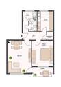 Grundriss mit Flur (6,29 m²), Bad (3,73 m²), WC (2,00 m²), Küche (8,27 m²), Wohnzimmer (19,31 m²), Schlafzimmer (14,08 m²), Abstellraum (1,26 m²) und Balkon - 