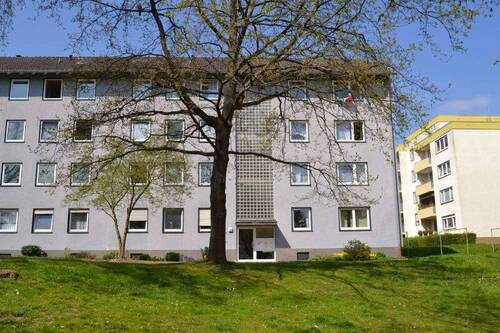 Birkenallee 85 - Außenansicht des Eingangsbereichs eines mehrgeschossigen Wohngebäudes mit heller Fassade - Gemütliche 3-Zimmerwohnung ruhiger Lage am Baunsberg