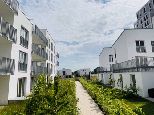 Außenanlage - Blick Mietergärten - Erdgeschosswohnung mit 2 Terrassen im Neubaugebiet