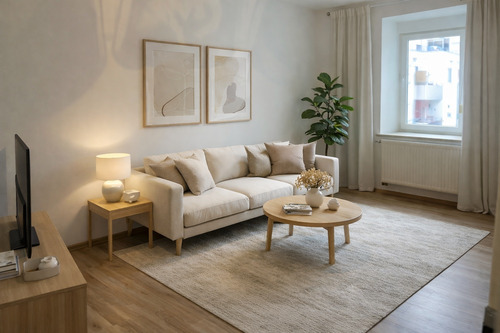 Beispiel Wohnzimmer (KI) - Charmante 2-Zimmer-Wohnung mit Wintergarten - ideal für Eigennutzer