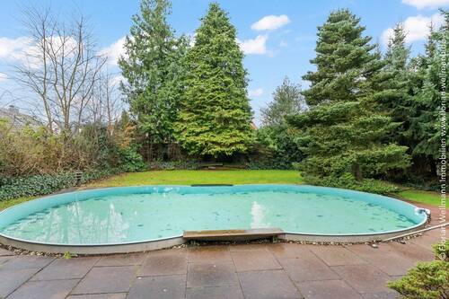 Garten mit prächtigem Pflanzenbestand und Pool. - 