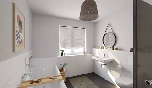 Modern gefliestes Bad mit bodengleicher Dusche und - 4 Zimmer Reihenmittelhaus in Heiligenhaus