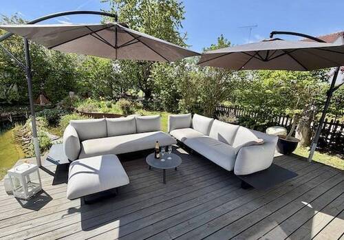 Blick Wohnzimmer auf Garten - 5 Zimmer Doppelhaushälfte zum Kaufen in Gerolsbach