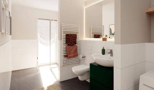 Badezimmer mit Fenster, Dusche und Waschmaschinena - 