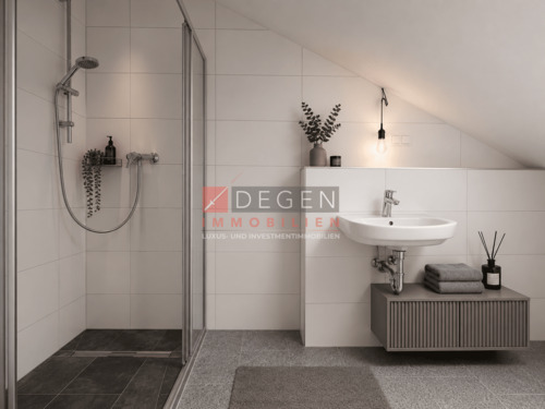Bad mit Dusche - Originalaufnahmen mit stilvoller Home-Staging-Visualisierung - 4 Zimmer Etagenwohnung in Dortmund
