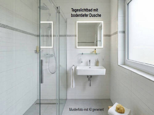 Modernes Bad mit Fenster und bodentiefer Dusche - 