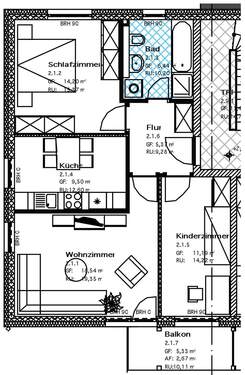 Grundriss - 2306.04-6B-1GR.jpg - gemütliche 3-Raum Wohnung mit Südbalkon