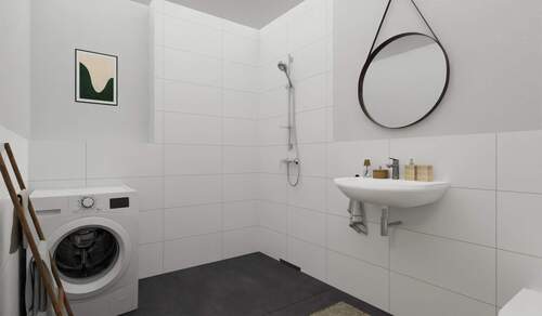 Modern gefliestes Bad mit bodengleicher Dusche - 4 Zimmer Etagenwohnung in Wildau
