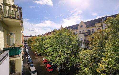Ausblick in die mit Bäumen gesäumte Straße - 