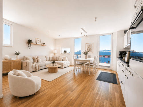 Wohnzimmer (KI) - Urbanes Wohnen mit Skylineblick - modernes Wohnen am Frankfurter Riedberg