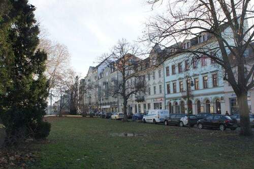 Ansicht auf die Geschäftstraße mit Park - Einfamilienhaus zum Kaufen in Dresden