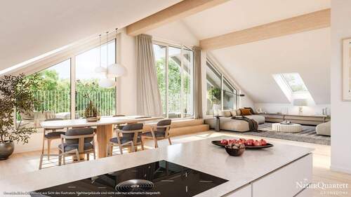 Wohn- u. Einrichtungsbeispiel - 4-Zi-DG-Wohn(t)raum! Sehr großzügiger Wohnbereich, Wohndiele z.B. für Homeoffice u. breiter Loggia