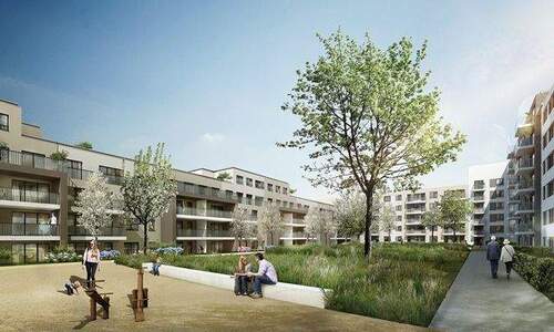 Innenhof des Wohnkomplex mit Blick auf die Grünanlagen - Moderne, helle Wohnung in tollem Wohnkomplex!