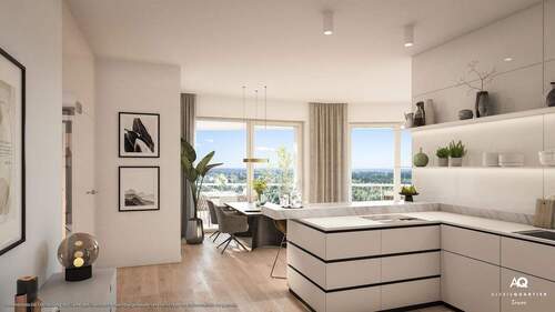 Wohn- und Einrichtungsbeispiel - 4-Zi.-Eck-Whg.: großzügiger Wohn-Essbereich mit Parkblick, 2 Bäder u. umlaufender Balkon