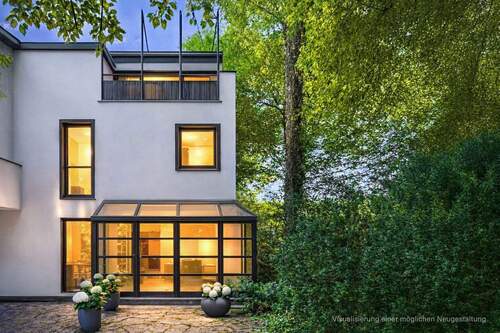 Mögliche Außengestaltung zur blauen Stunde. - Architektur mit Charakter. Großzügiges Reiheneckhaus.