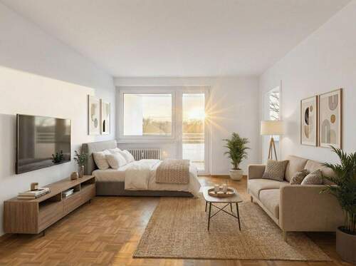 Wohnzimmer (virtuelles Staging) - Renovierungsbedürftiges 1-Zimmer-Apartment mit Balkon - viel Raum für eigene Ideen