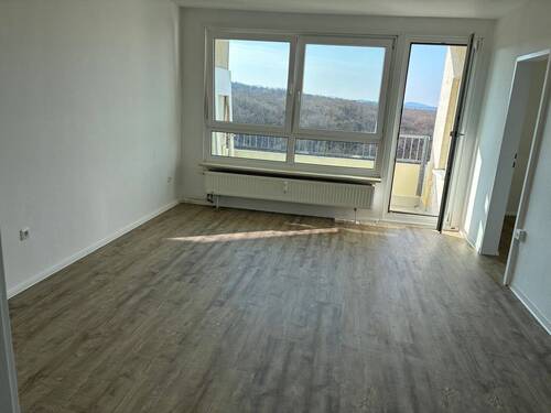 Beispielhaftes Bild des Wohnzimmers mit weiß angelegten Wänden, braunem Vinyl-Designboden, Zugang zur Küche, zum Schlafzimmer und Balkon - 