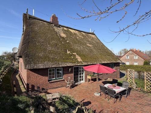 Hausansicht vom Deich - Wohnen direkt am Deich - Großzügiges Reetdachhaus für die gesamte Familie