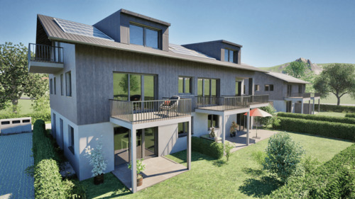 Gartenansicht - Neubau 2 - Zimmer Dachgeschosswohnung mit Westbalkon und Bergblick