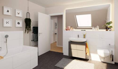 Modern gefliestes Bad mit Badewanne und Dusche - 