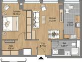 Grundriss (54,62 m²) mit offener Küche, Flur, Bad , Wohnzimmer, Schlafzimmer, - 