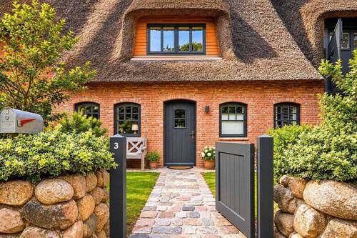 Außenansicht Hauseingang mit Vorgarten - Exklusives Mittelhaus unter Reet - mit eigenem Garten und als Ferienwohnung genehmigt