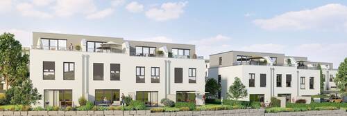 Südansicht mit Garten und Dachterrasse - Reihenhaus mit Garten & Dachterrasse – sofort zur Miete inkl. Carports