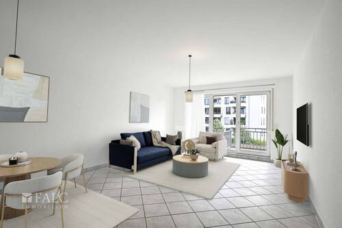 Wohnzimmer virtuell gestaged - Etagenwohnung mit 56,00 m² in Köln zum Kaufen