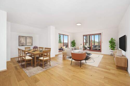 Wohn-/Esszimmer - virtuelle Renovierung - Freiraum nach oben: 4-Zimmer-Wohnung mit Dachterrasse & 3 private Dachräume für Platz zum Entfalten