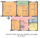 Grundriss mit Wohnzimmer, Schlaf- und 2 Kinderzimmer, Küche mit Essplatz, Flur, Bad und WC, Loggia - 