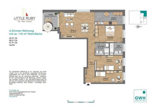Grundr iss mit Flur (12,45 m²), Bad (5,41 m²), Duschbad (5,7 m²), Küche (12,38 m²), Wohnzimmer (32,39 m²), Schlafzimmer (17,03 m²), Kinderzimmer (14,3 m²), 2. Kinderzimmer (11,42 m²) und Loggia (4,65 m²) - 