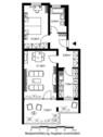 Grundriss mit Flur (8,80 m²), Bad (5,04 m²), Schlafzimmer (14,28 m2), Wohnzimmer (21,28 m²), Küche (7,95 m²) und Loggia (3,55 m²) - 