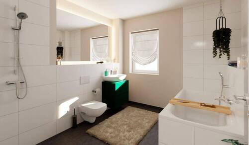 Badezimmer mit Dusche und Badewanne in Neuseengärten - 4 Zimmer Doppelhaushälfte in Großpösna