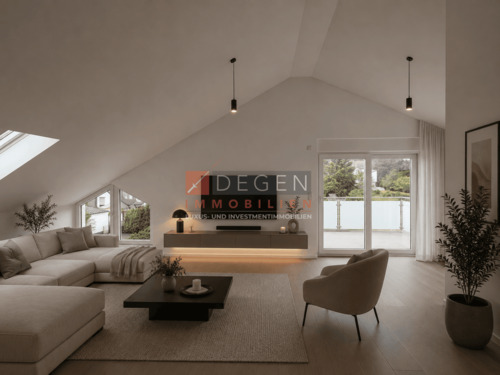 Wohnzimmer - Originalaufnahmen mit stilvoller Home-Staging-Visualisierung - Erstbezug im Dachgeschoss (2.OG): 4-Zimmer-Wohnung mit Balkon in Huckarde.
