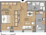 Grundriss mit Küche (8,15 m²), Flur (3,67 m²), Bad (5,96 m²), Wohnzimmer (16,40 m²), Schlafzimmer (13,80 m²) und Abstellraum (5,99 m²), - 
