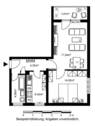 Grundriss im 1. Obergeschoss mit ca. 47 m² Wohnfläche Wohn-/Essbereich, Küche, Flur, Bad und einem Schlafzimmer. - 