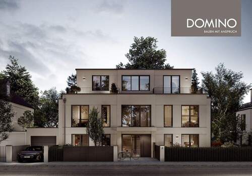 HN05 - Straßenansicht BlueHour - DOMINO Bau: Barrierefreie Gartenwohnung mit 3,5 Zimmern und direktem Zugang zum Hobbyraum