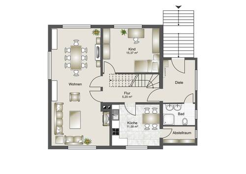 Erdgeschoss, Einrichtungsbeispiel, nicht maßstabsgerecht! - 