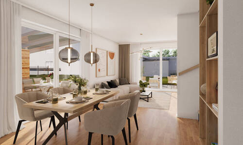 Essplatz und Wohnzimmer mit Blick auf die zwei Terrassen - 5 Zimmer Doppelhaushälfte in Obertraubling