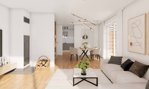 Wohnzimmer und Essplatz mit Kamin - Doppelhaushälfte mit 140,30 m² in Obertraubling zum Kaufen