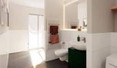 Badezimmer mit Fenster, Dusche und Waschmaschinena - 