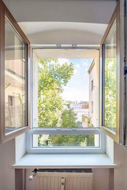 Blick aus dem Doppelfenster mit Holzrahmen - 