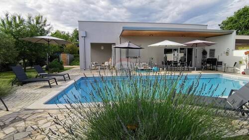 Hausansicht. - Moderner Bungalow mit dem Freiblick ins Grüne